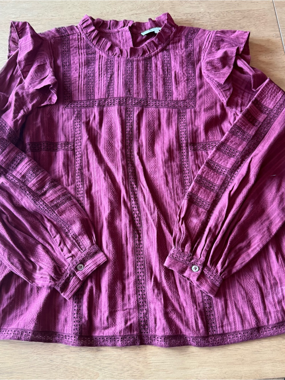 Sea New York Women’s Size 12 Burgundy Eyelet Lace Ruffle Blouse 100% Cotton